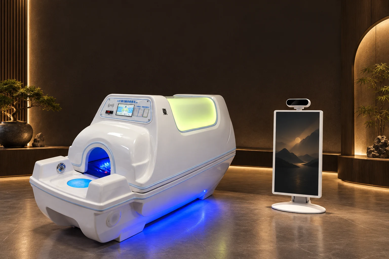 福联电子能量舱与 AI 健康检测设备的东方康养空间合成展示
